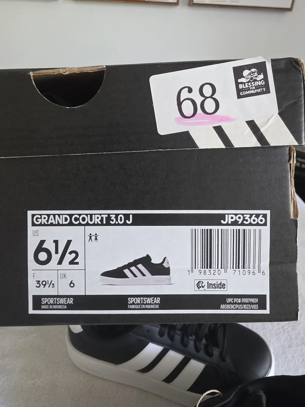 Adidas Grand Court 3.0 J Black & White Sneakers JP9366 - Size Youth 6.5
